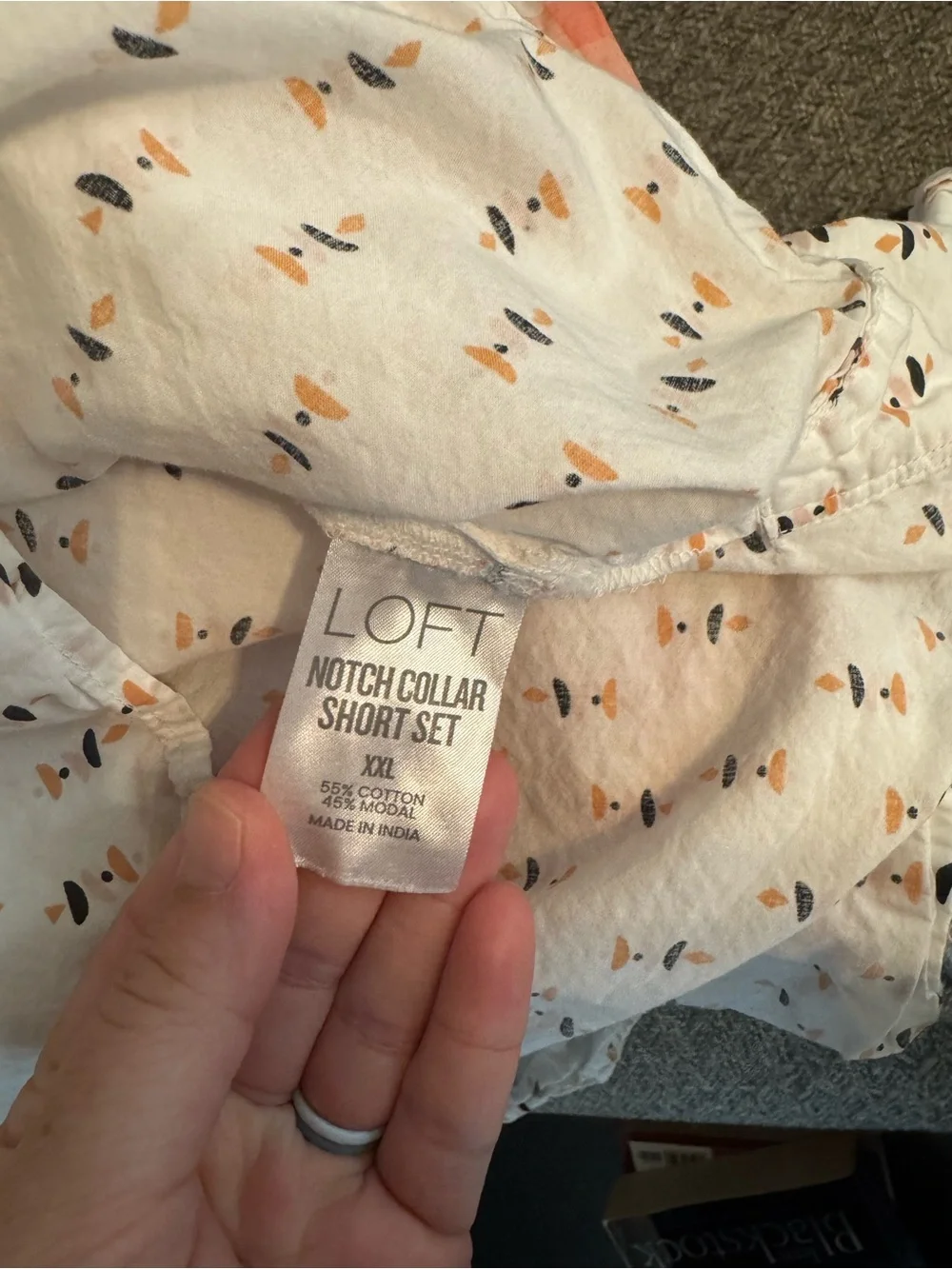 LOFT White Button-Up PJs with Black and Orange Pattern